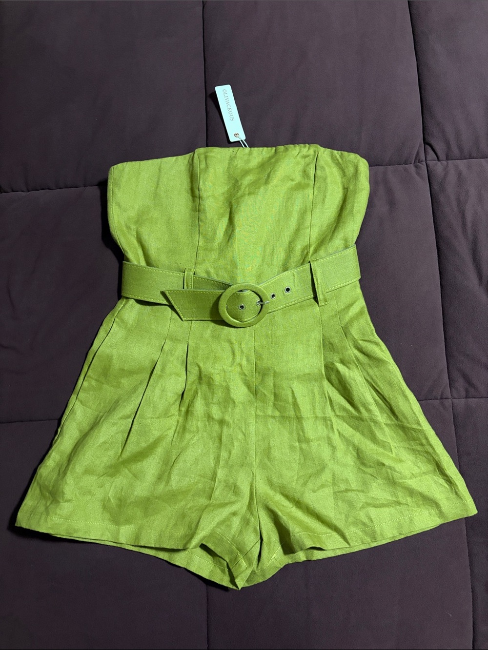 Olivaceous Strapless Lime Green Belted Romper